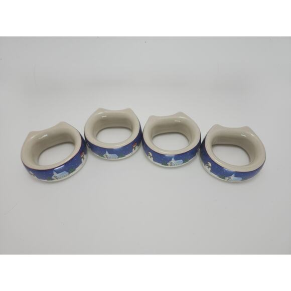 4 Ceramic Christmas Napkin Rings Winter Village Snowman Holiday Table Décor - Picture 3 of 8